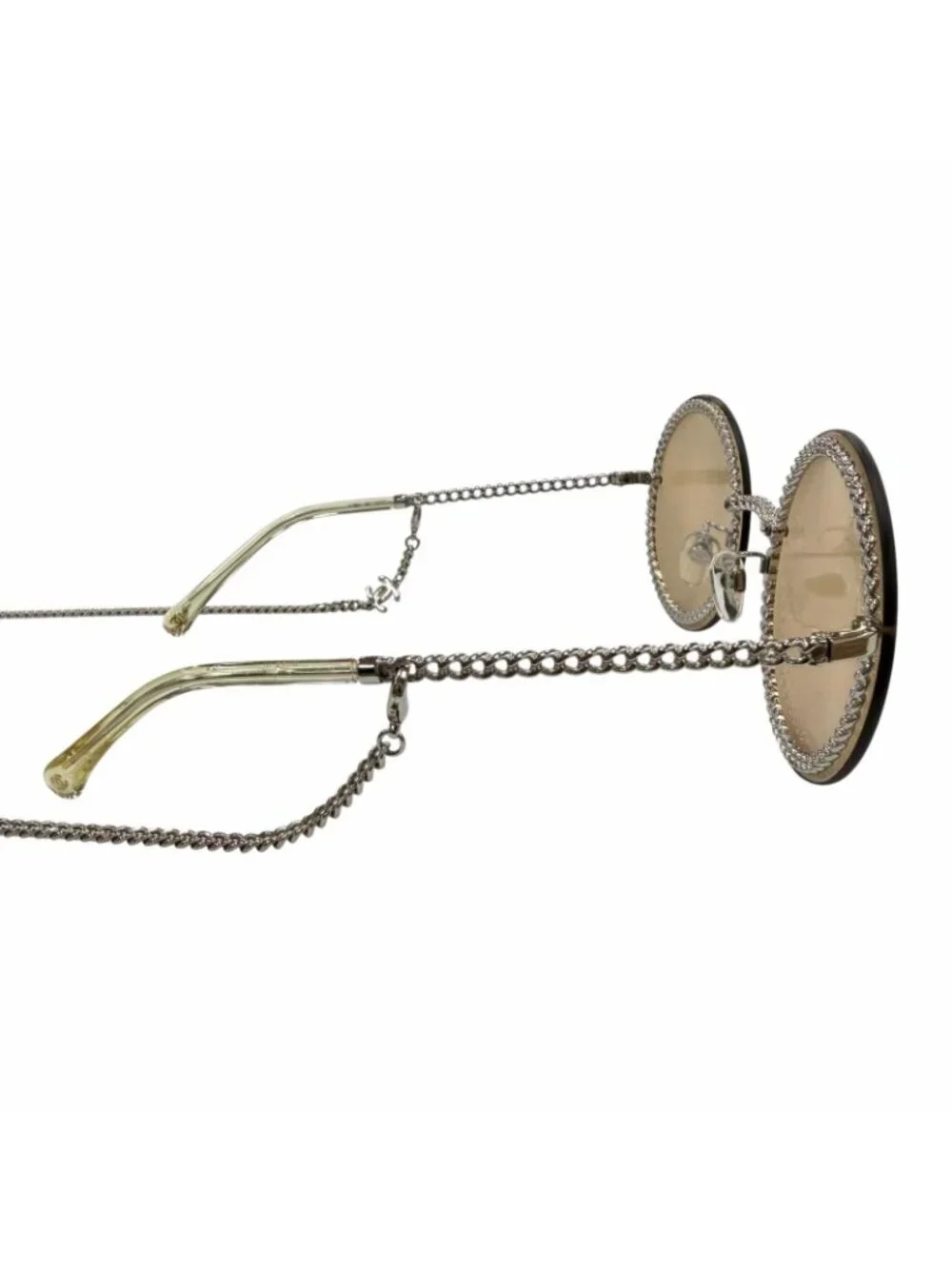 Chanel CC Logo Round Chain Glass Cord Sunglasses Silver Brown Demo Lens Eyewear